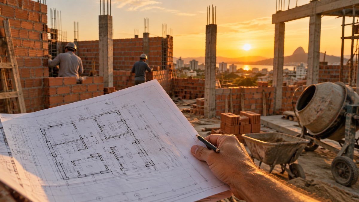 Obra residencial em andamento com estrutura e alvenaria em execução